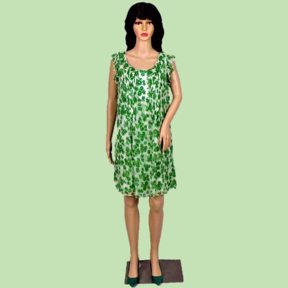 SILK! ALI RO green/white sleeveless shift dress unknown medium-large size